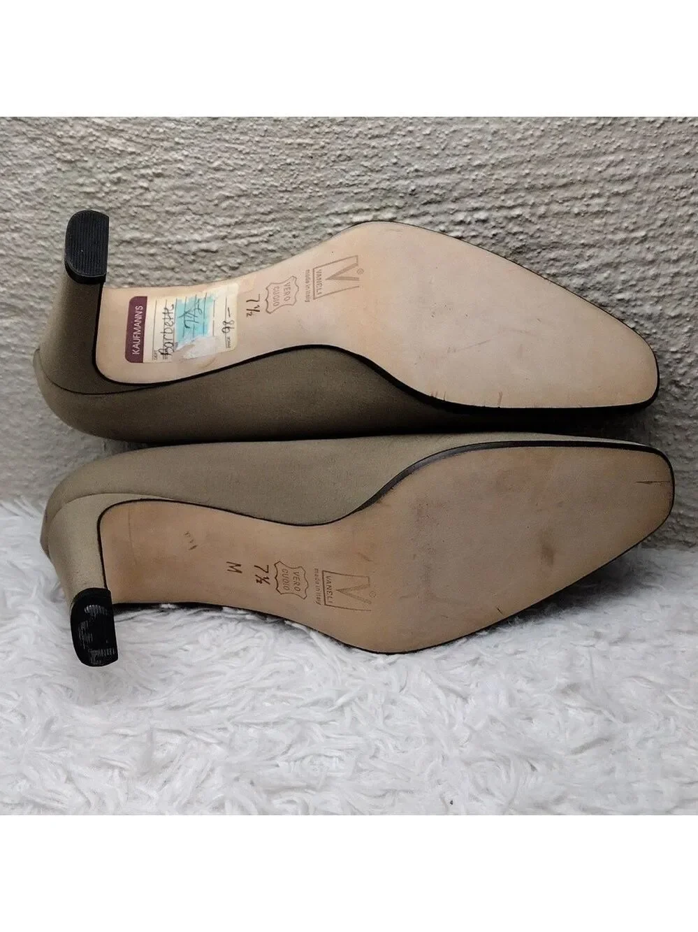 Van Eli Barbette Beige Tan Fabric Square Toe Mid Square Heel Slip On Pump Shoe